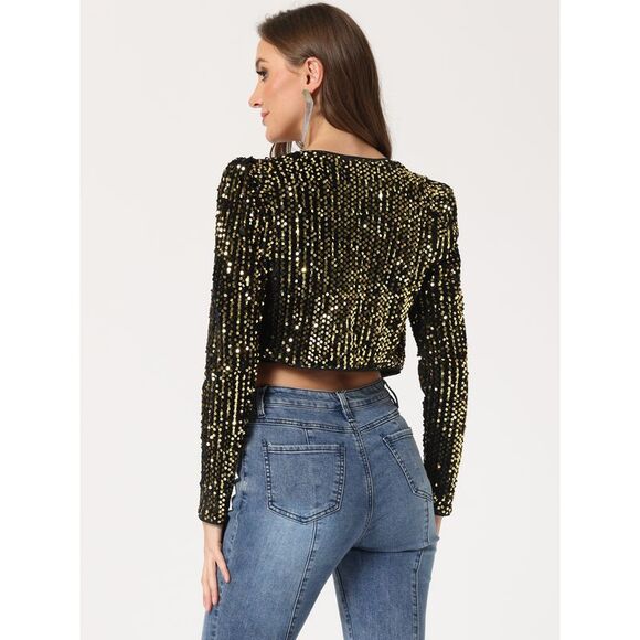 Sequin Shrug Open Front Collarless Party Glitter Sparkly Crop Jacket Black Gold - Picture 4 of 5